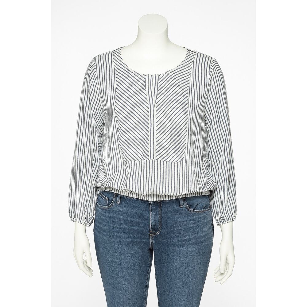Worthington XL Striped Blouse NWT Gray White Long Sleeve Elastic Hem Top